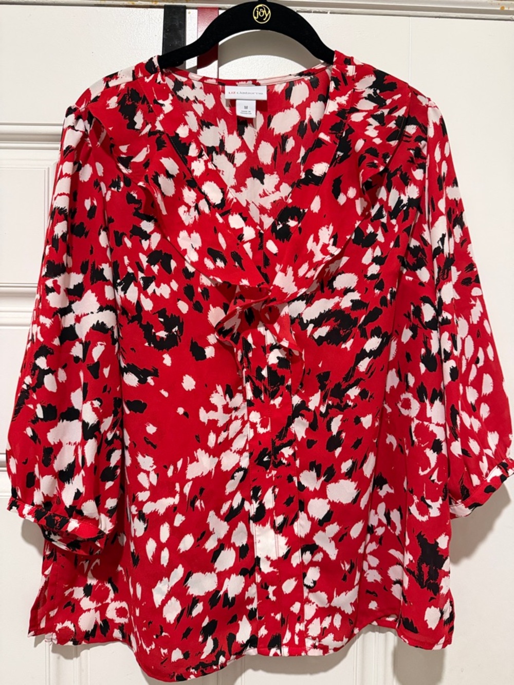 Liz Claiborne Red, Black & White Printed Tie-Neck Blouse